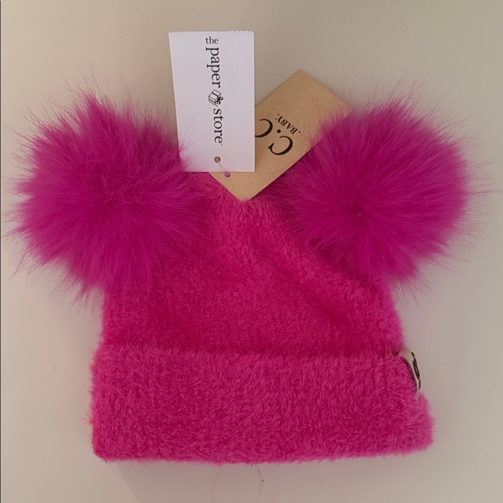 C.C. Boutique Vibrant Pink Baby Hat with Pom-Poms